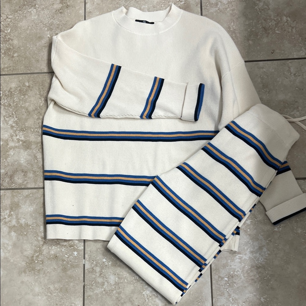 Striped White and Blue 2 piece knit set